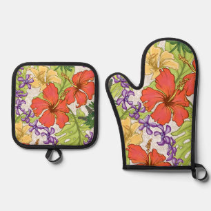 Keleah Tropical Hawaiian Hibiscus and Orchids Oven Mitt & Pot Holder Set