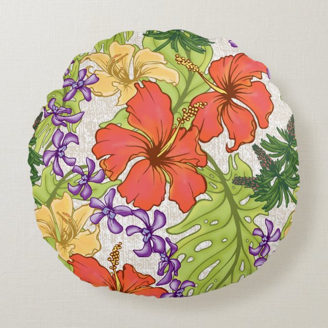 Keleah Tropical Hawaiian Hibiscus and Orchids Round Cushion (Front)