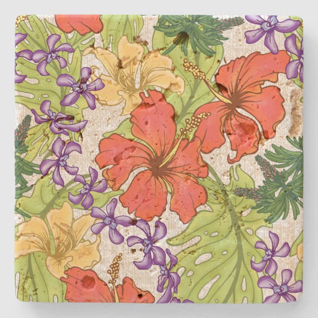 Keleah Tropical Hawaiian Hibiscus and Orchids Stone Coaster (Front)