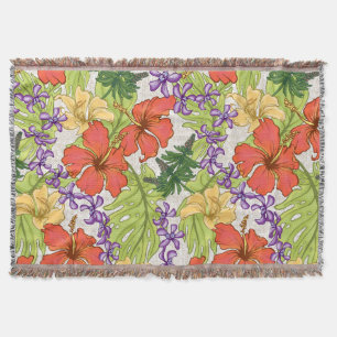 Keleah Tropical Hawaiian Hibiscus and Orchids Throw Blanket