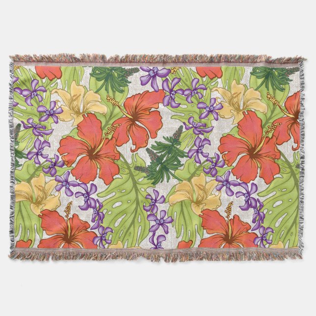 Keleah Tropical Hawaiian Hibiscus and Orchids Throw Blanket (Front)