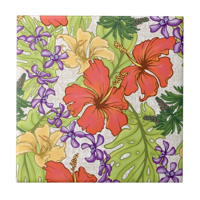 Keleah Tropical Hawaiian Hibiscus and Orchids Tile (Front)