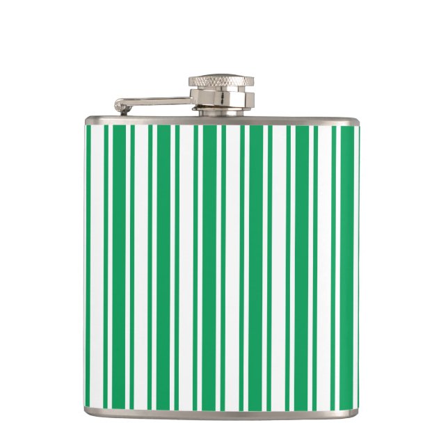 Kelly green and white candy stripes hip flask (Front)