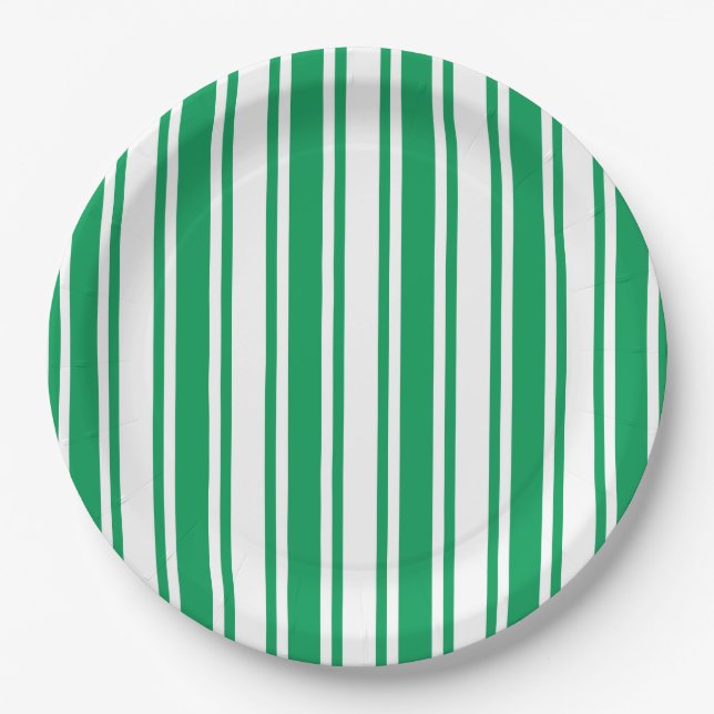 Kelly green and white candy stripes paper plate (Front)