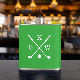Kelly Green and White Golf Clubs Monogrammed Hip Flask