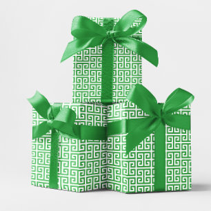 Kelly Green and White Greek Key Pattern Wrapping Paper