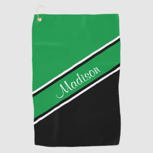 Kelly Green Black Diagonal Stripe Script Name Golf Towel