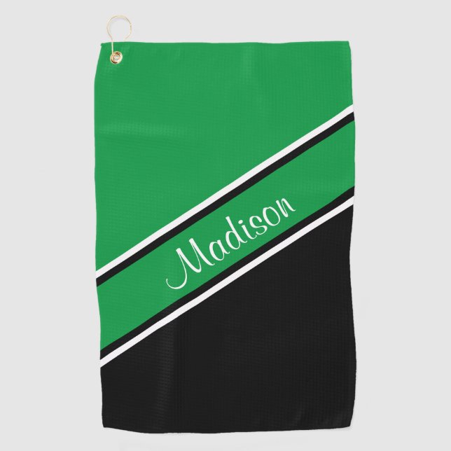 Kelly Green Black Diagonal Stripe Script Name Golf Towel (Front)