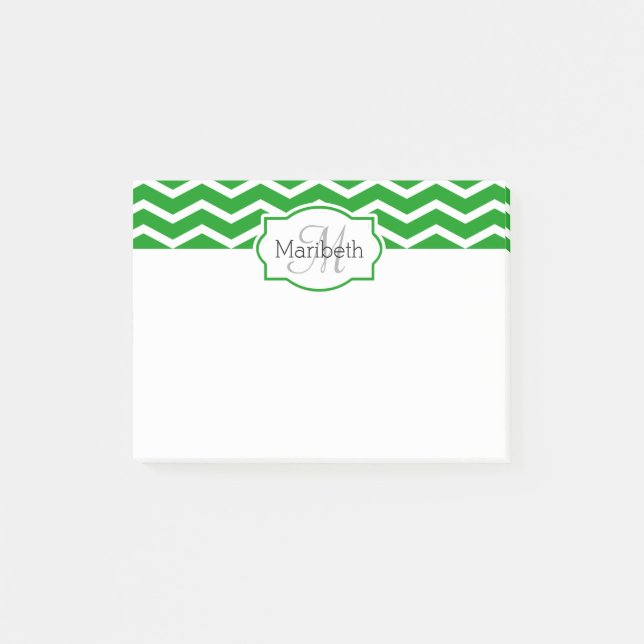 Kelly Green Chevron Name Monogrammed Post-it Notes (Front)