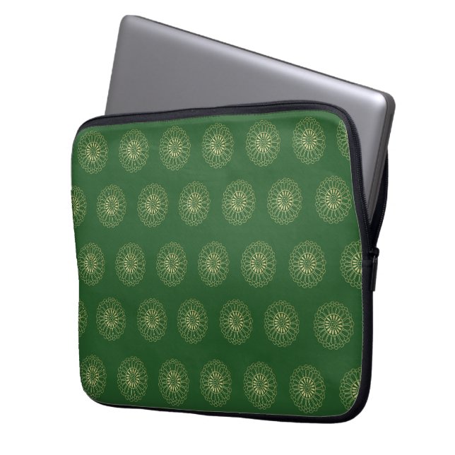 Kelly Green | Golden Zinnia Flower Medallions Laptop Sleeve (Front Left)