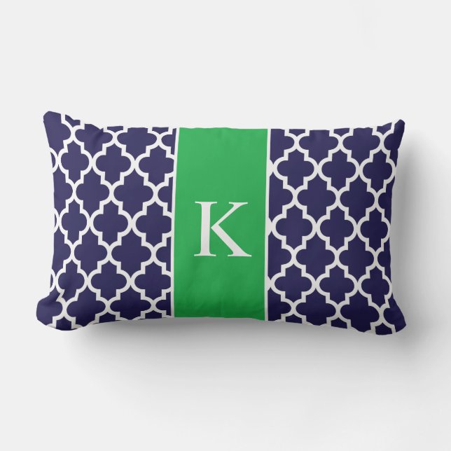Kelly Green Navy Blue Moroccan Custom Monogram Lumbar Cushion (Front)