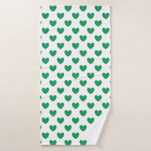 Kelly green polka hearts on white bath towel