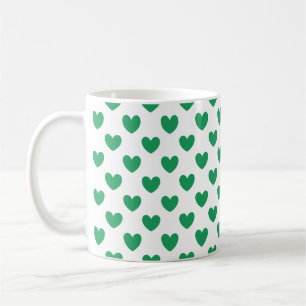 Kelly green polka hearts on white coffee mug