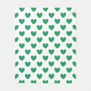 Kelly green polka hearts on white fleece blanket