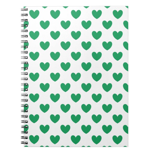 Kelly green polka hearts on white notebook (Front)