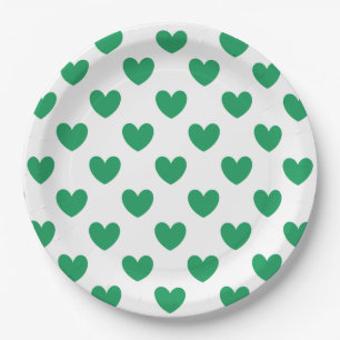 Kelly green polka hearts on white paper plate