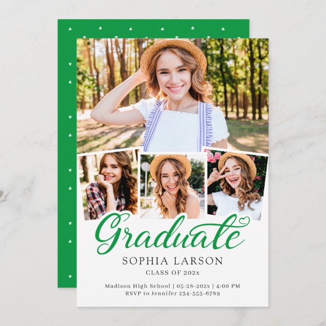 Kelly Green Script 4 Photo Collage Graduation Announcement (Front/Back)