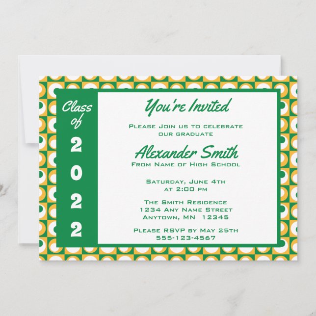 Kelly Green White Gold Square Dot Graduation Party Invitation (Front)