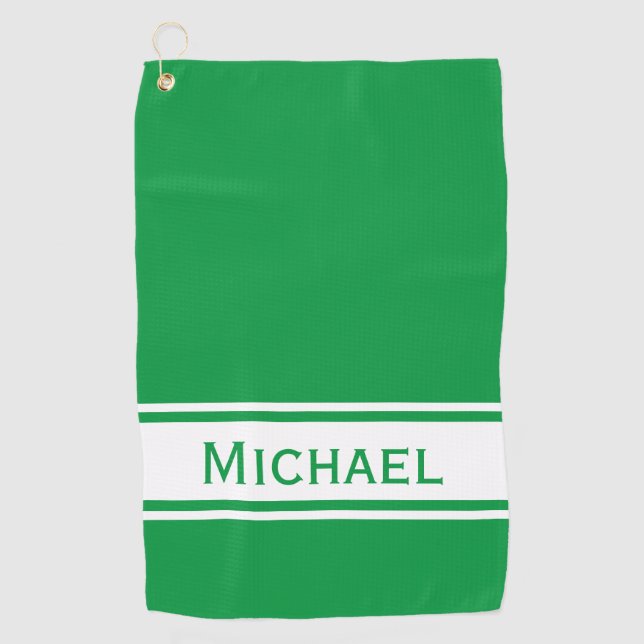 Kelly Green White Stripe Modern Name Monogram Golf Towel (Front)