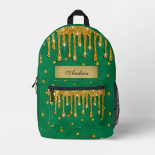Kelly Green With Gold Glitter Drips-Personalized Printed Backpack