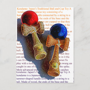 Kendama, Red and Blue Colour Ink Sketch Postcard