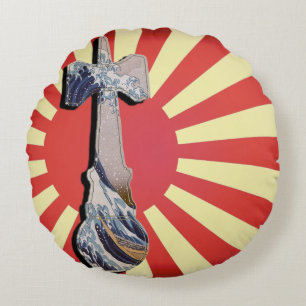 Kendama Wave Lighthouse with Vintage Japan Flag Round Cushion