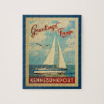 Kennebunkport Jigsaw Puzzle Sailboat Vintage Maine<br><div class="desc">This Greetings From Kennebunkport Maine vintage travel nautical design features a boat sailing on the water with seagulls and a blue sky filled with gorgeous puffy white clouds.</div>