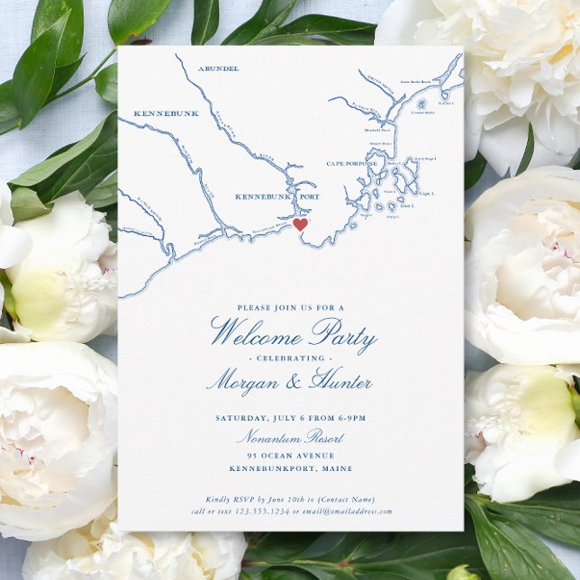 Kennebunkport Maine Elegant Wedding Welcome Party Invitation (Kennebunkport Maine Wedding Welcome Party Invitations with elegant navy blue map )