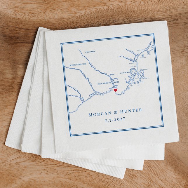 Kennebunkport Maine Map Navy Elegant Wedding Napkin (Kennebunkport Maine Map napkins custom made for a wedding at Nonantum Resort.)