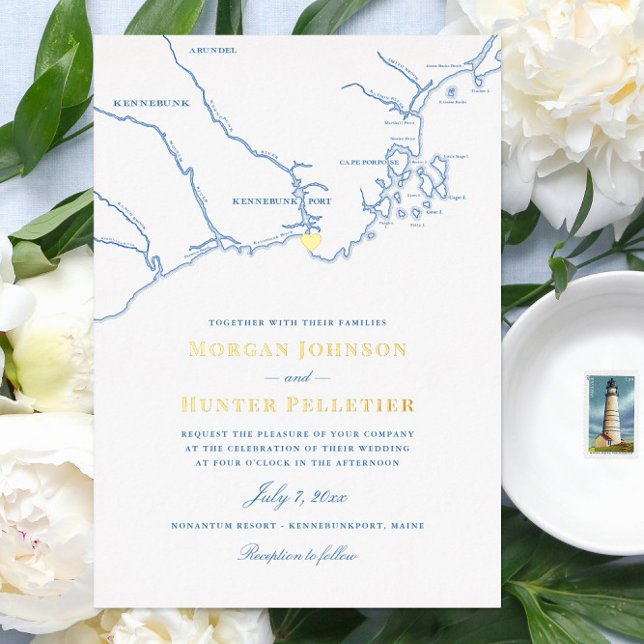 Kennebunkport Maine Wedding Elegant Navy and Gold  (Kenenbunkport Maine Gold Foil Navy Blue Map Wedding Invitations by Coastal Map Designs)