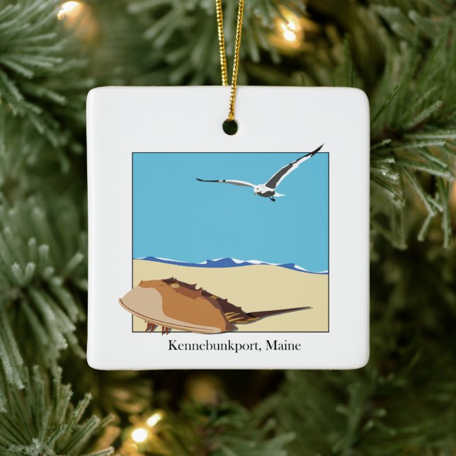 Kennebunkport, ME Horseshoe Crab Seagull Beach Ceramic Ornament (Tree)