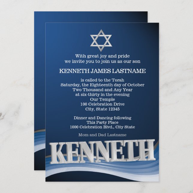 Kenneth Steel Wave Name Bar Mitzvah Invitation (Front/Back)