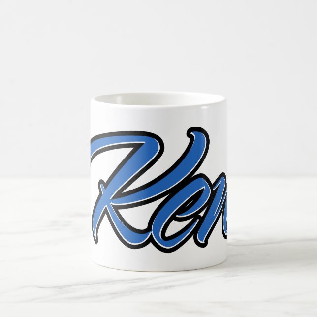 Ken's name is on the blue cup coffee mug. (Center)