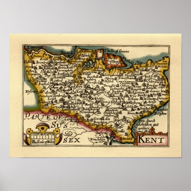 Kent County England Old Antiquarian John Speed Map Poster (Front)