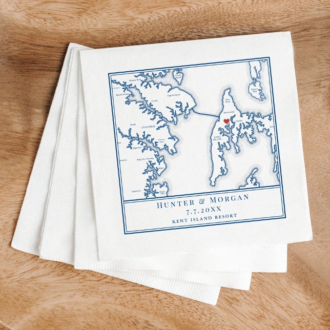 Kent Island Stevensville Maryland Map Wedding Napkin (These Kent Island map napkins are perfect for your Kent Island Maryland destination wedding)