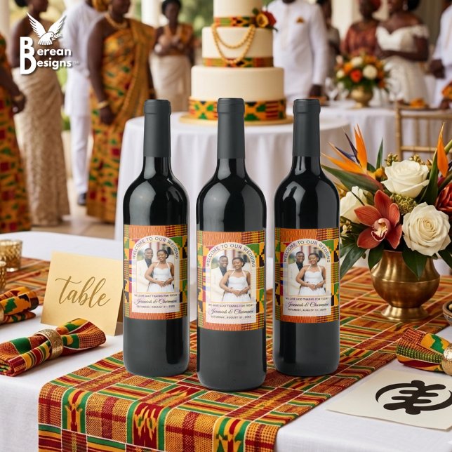 Kente Photo Custom Name WEDDING  Wine Label (These elegant Kente photo wine labels will elevate your wedding table presentation! )
