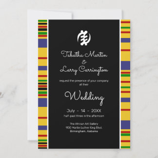 Kente Stripes, Gye Nyame, Black White Wedding Invitation
