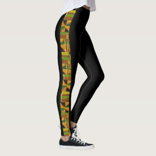 Kente Tribal African fabric print orange green Leggings