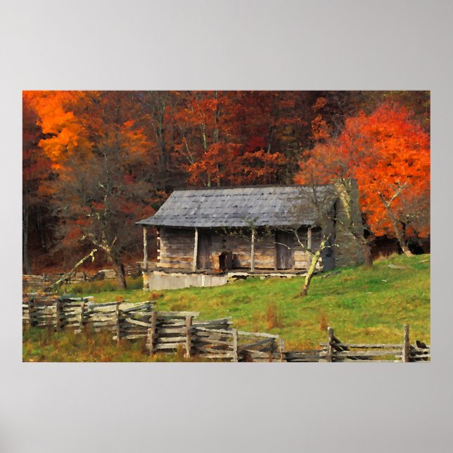 Kentucky Country Cabin Fall Season Watercolor Art Poster (Front)