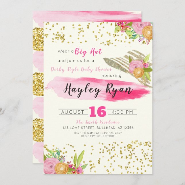 Kentucky Derby Big Hat Watercolor Baby Shower Invitation (Front/Back)