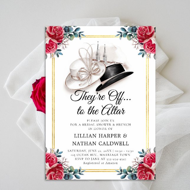 Kentucky Derby Wedding Bridal Shower Double Frame Invitation (kentucky derby bridal shower invitation red roses churchill spires horse racing theme faux gold)