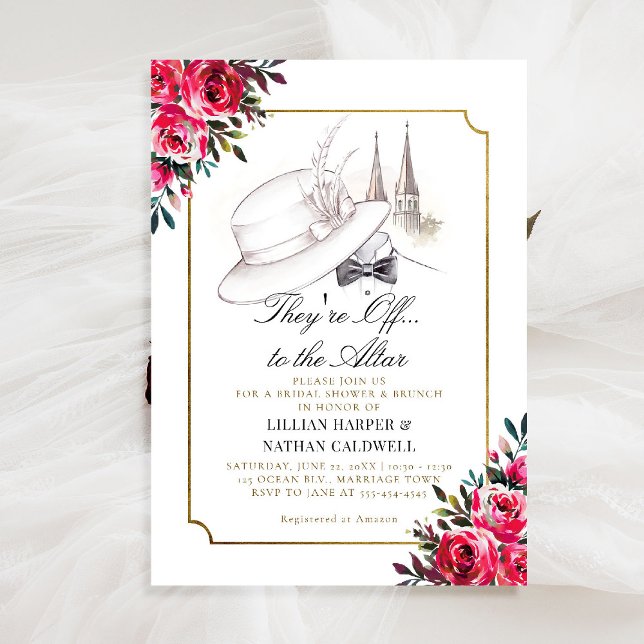 Kentucky Derby Wedding Bridal Shower Roses Frame Invitation (kentucky derby bridal shower invitation red roses churchill spires horse racing theme gold frame)