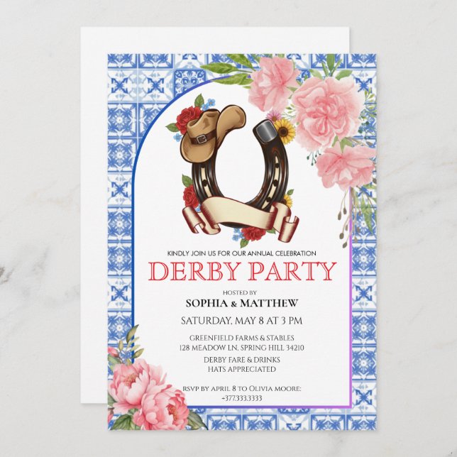 Kentucky Derby Wedding Invitation Floral Blue (Front/Back)