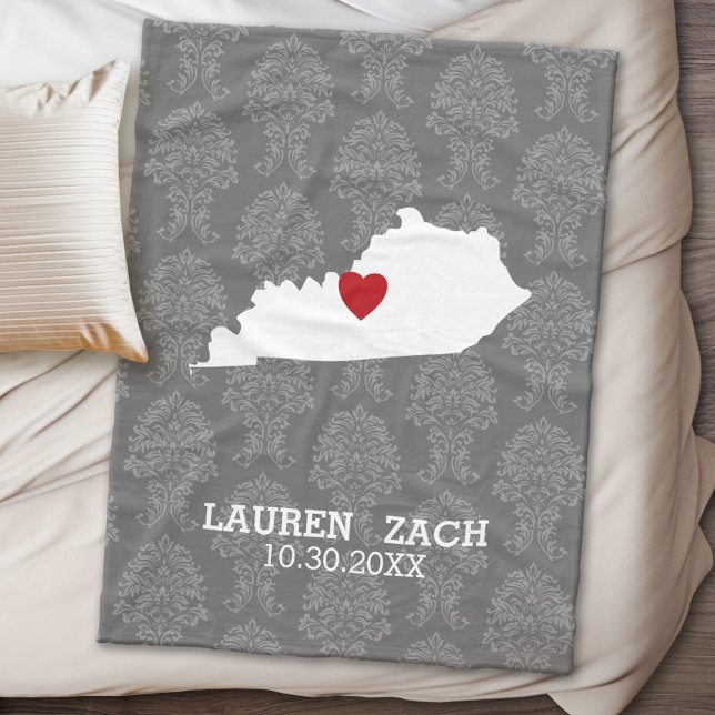Kentucky Home State Map - Custom Wedding Names Fleece Blanket (State Personalized Fleece Blanket)
