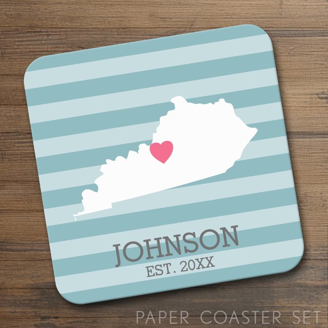 Kentucky Home State Map - Custom Wedding Names Square Paper Coaster (Custom Coaster)