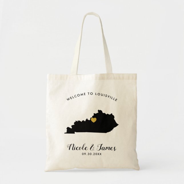 Kentucky Map Wedding Welcome Bag Tote Black, Gold (Front)