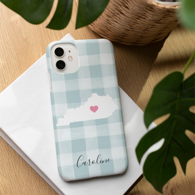 Kentucky State Silhouette on Rustic Mint Plaid Case-Mate iPhone Case (Creator Uploaded)