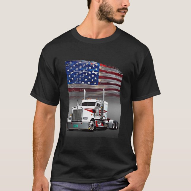 Kenworth Truck and The American Flag by Gas Autos  T-Shirt (Front)