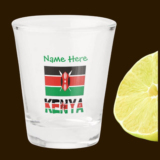 Kenya and Kenyan Flag Tiled Green Personalisation Shot Glass (Kenyan Flag on shot glass has the word KENYA below in the colors of the flag. Add a name above.)