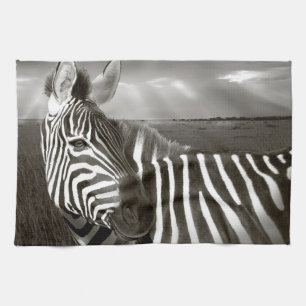 Kenya. Black & white of zebra and plain. Tea Towel